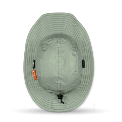 Light green bucket hat with a brand logo on a white background