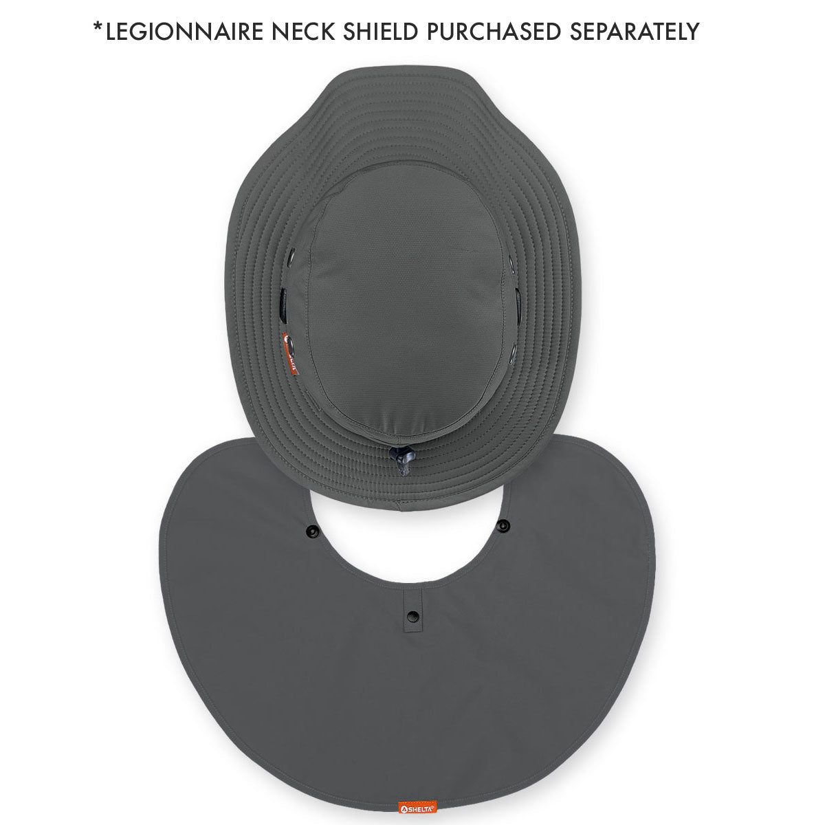 A dark gray wide-brim sun hat with a matching neck shield, shown on a white background with text at the top stating '*LEGIONNAIRE NECK SHIELD PURCHASED SEPARATELY'.