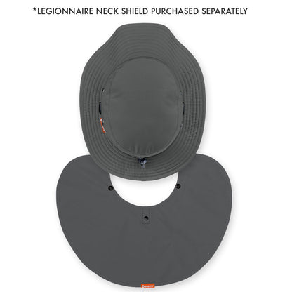 A dark gray wide-brim sun hat with a matching neck shield, shown on a white background with text at the top stating '*LEGIONNAIRE NECK SHIELD PURCHASED SEPARATELY'.