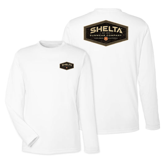 White long-sleeve shirt with Shelta logo on front and back