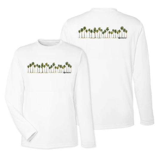 White long-sleeve shirt with palm tree design on a white background