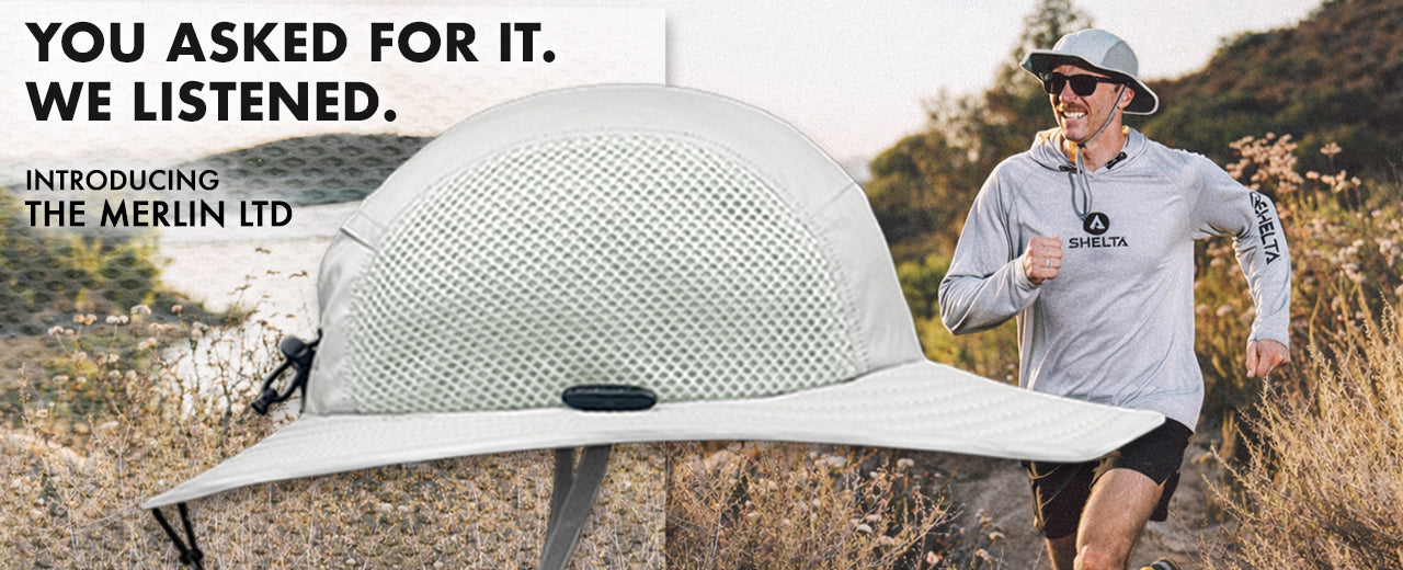 Man running outdoors with a large white helmet-like object, featuring text about the Merlin LTD product.