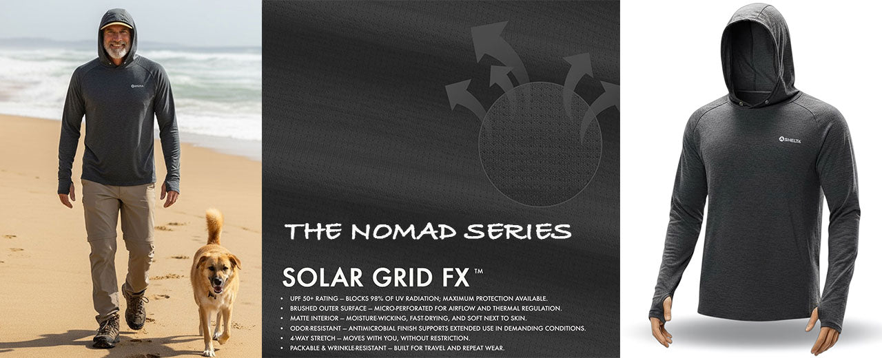 Person wearing a black hoodie on a beach with a dog, featuring 'The Nomad Series Solar Grid FX' text.