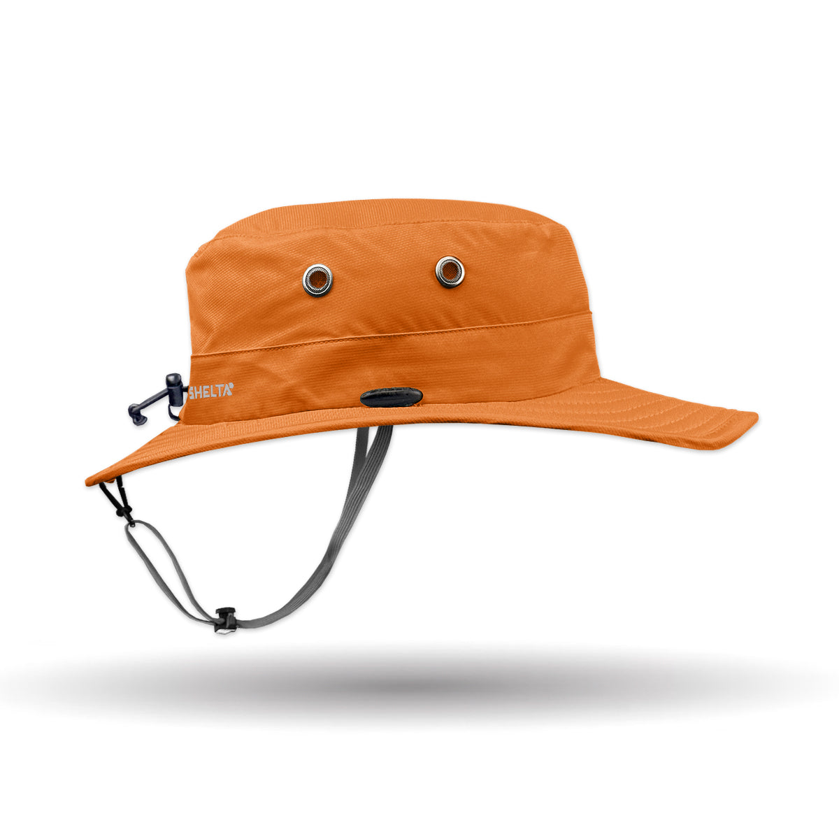 Orange bucket hat with chin strap on a white background