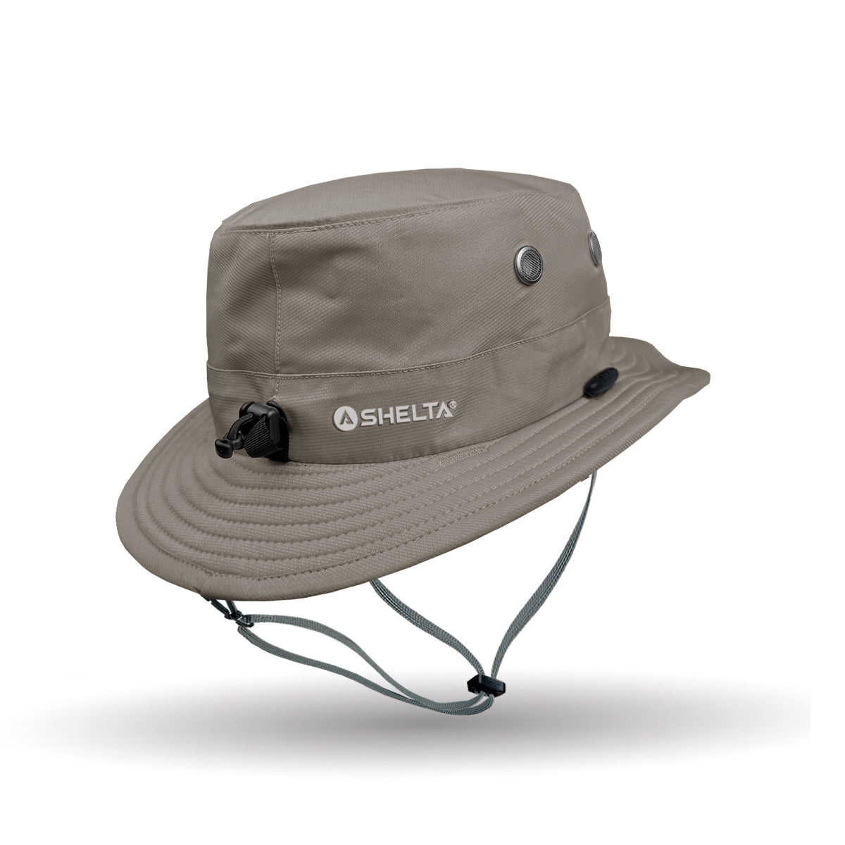 Beige bucket hat with Shelta logo on a white background