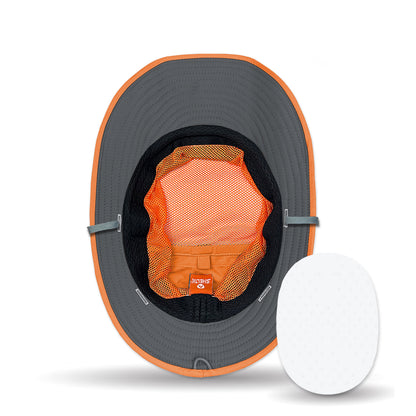 Gray and orange sun hat with a white ball on a white background