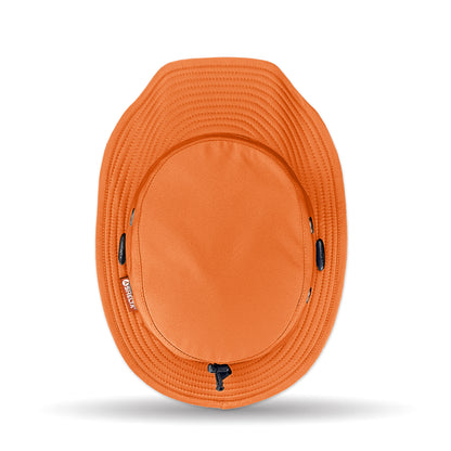 Orange woven hat with a brand logo on a white background