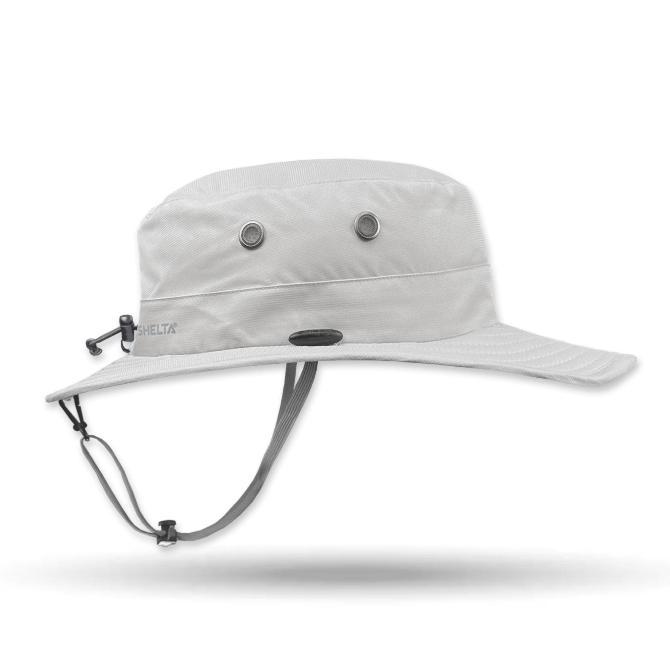 Light gray wide-brimmed hat with chin strap on a white background