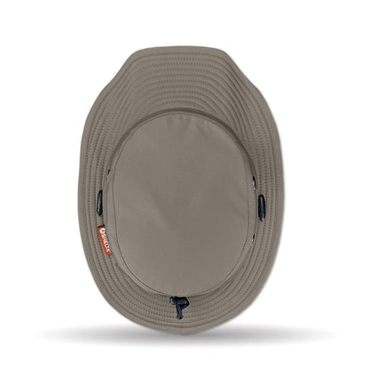 Beige bucket hat with a brand logo on a white background