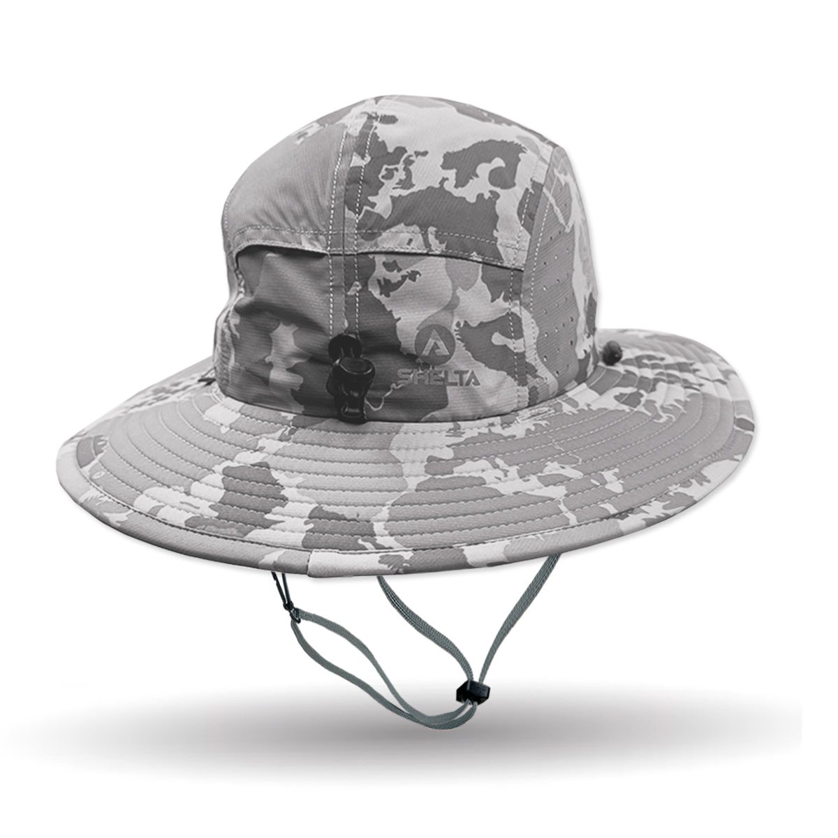 Camouflage-patterned bucket hat on a white background