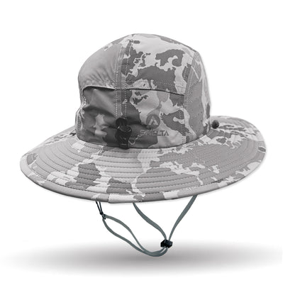 Camouflage-patterned bucket hat on a white background