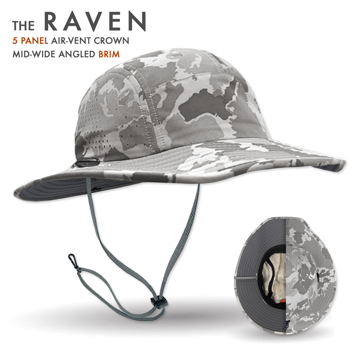 Camouflage bucket hat with air-vent crown and mid-wide angled brim on a white background