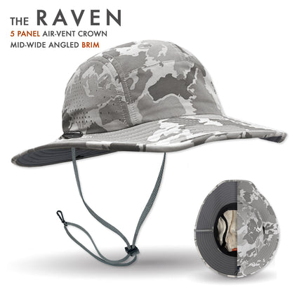 Camouflage bucket hat with air-vent crown and mid-wide angled brim on a white background