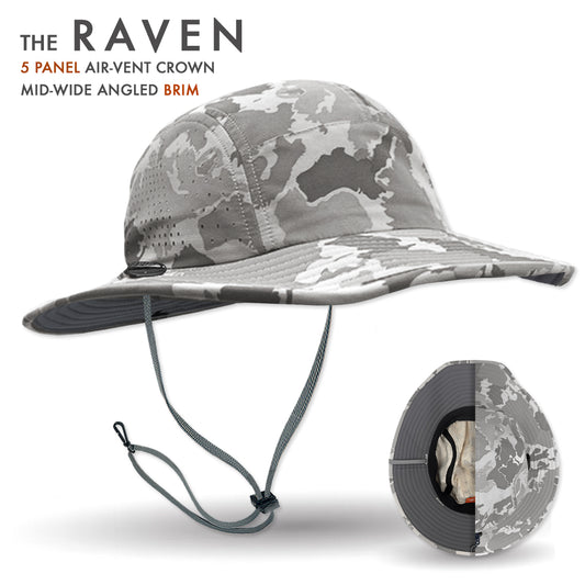 Camouflage bucket hat with air-vent crown and mid-wide angled brim on a white background