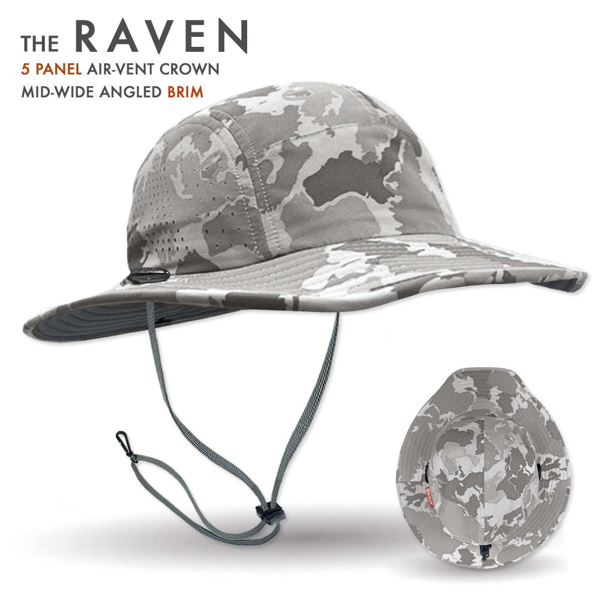 Camouflage bucket hat with air-vent crown and mid-wide angled brim on a white background