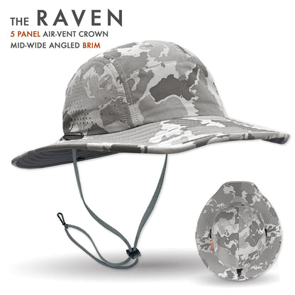 Camouflage bucket hat with air-vent crown and mid-wide angled brim on a white background