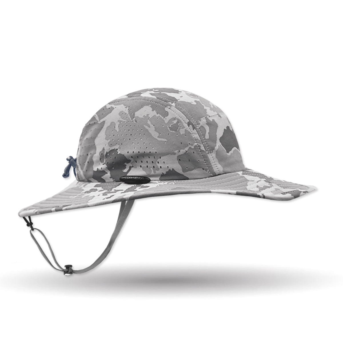 Camouflage-patterned sun hat on a white background