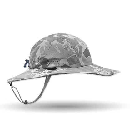 Camouflage-patterned sun hat on a white background