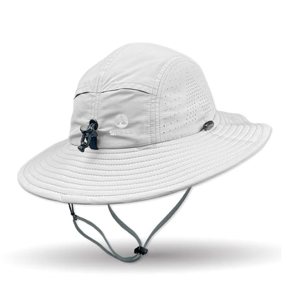 White wide-brimmed hat with a chin strap on a white background
