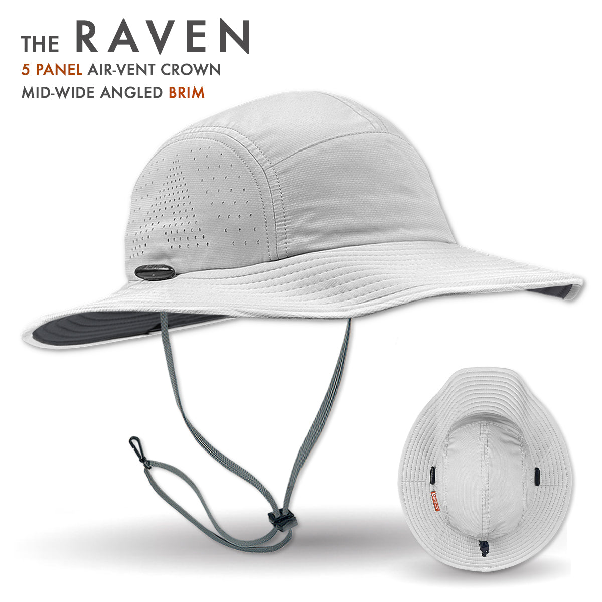 White sun hat with air-vent crown and wide angled brim on a white background