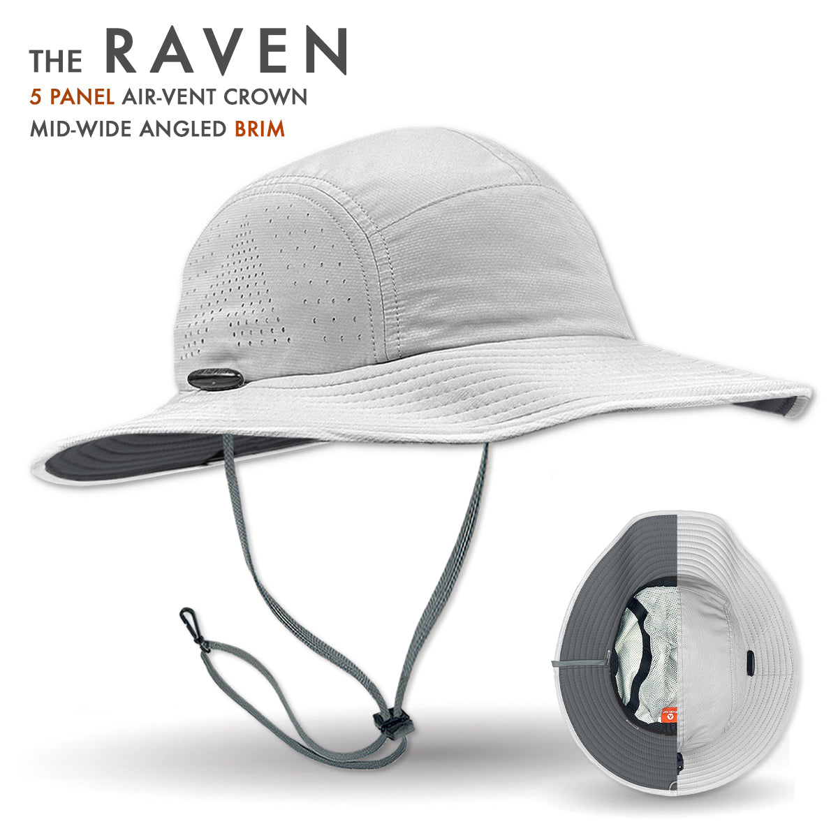 Gray sun hat with air-vent crown and wide angled brim on a white background