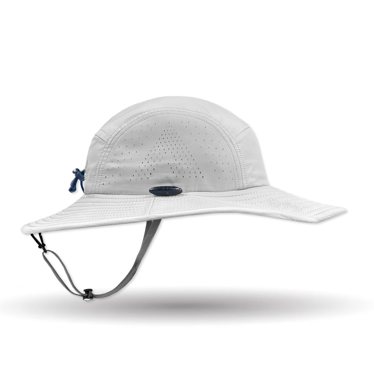 White wide-brimmed hat with a blue and black detail on a white background