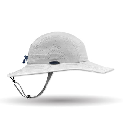 White wide-brimmed hat with a blue and black detail on a white background