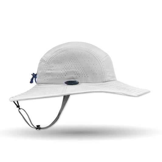 White wide-brimmed hat with a blue and black detail on a white background