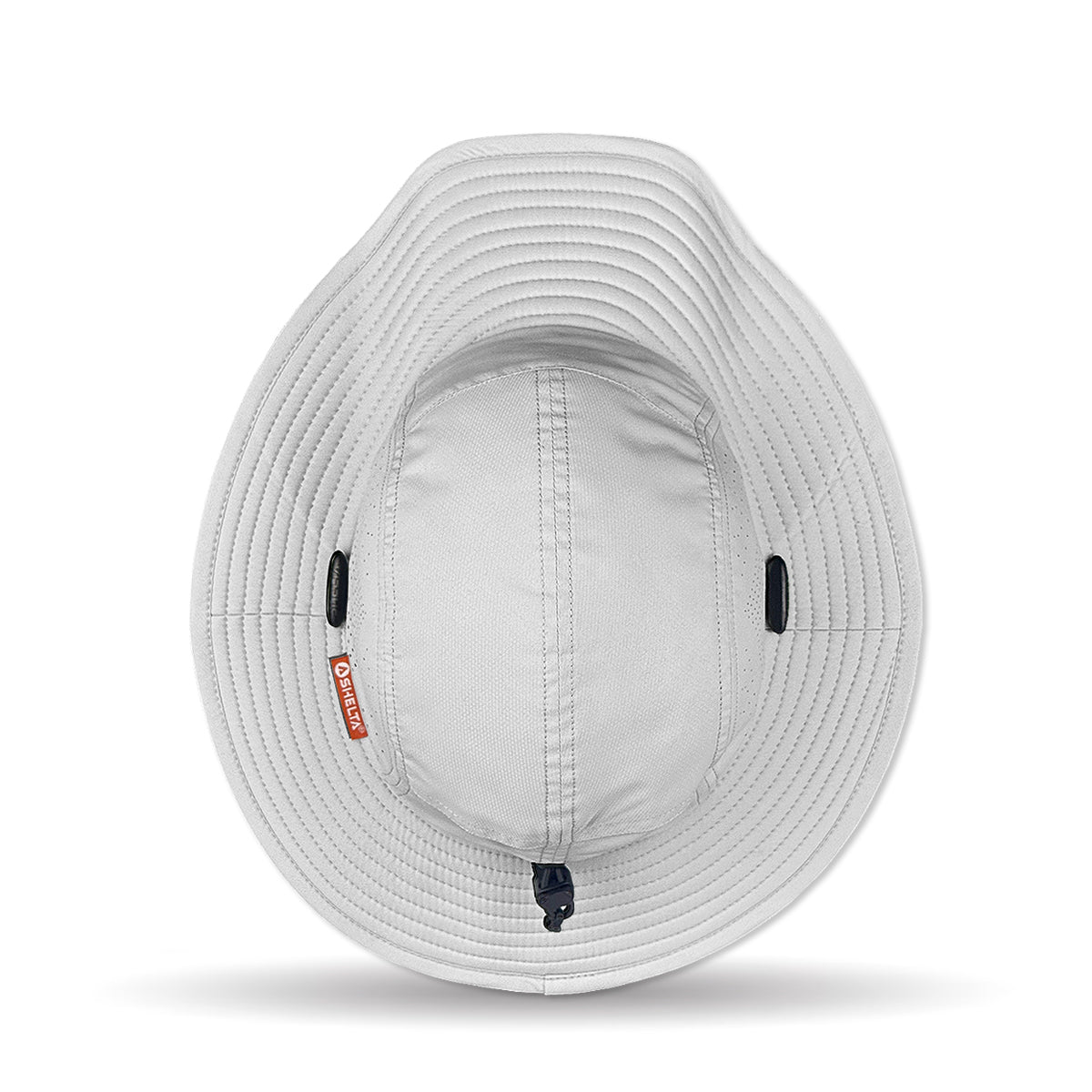 White bucket hat with a brand logo on a white background