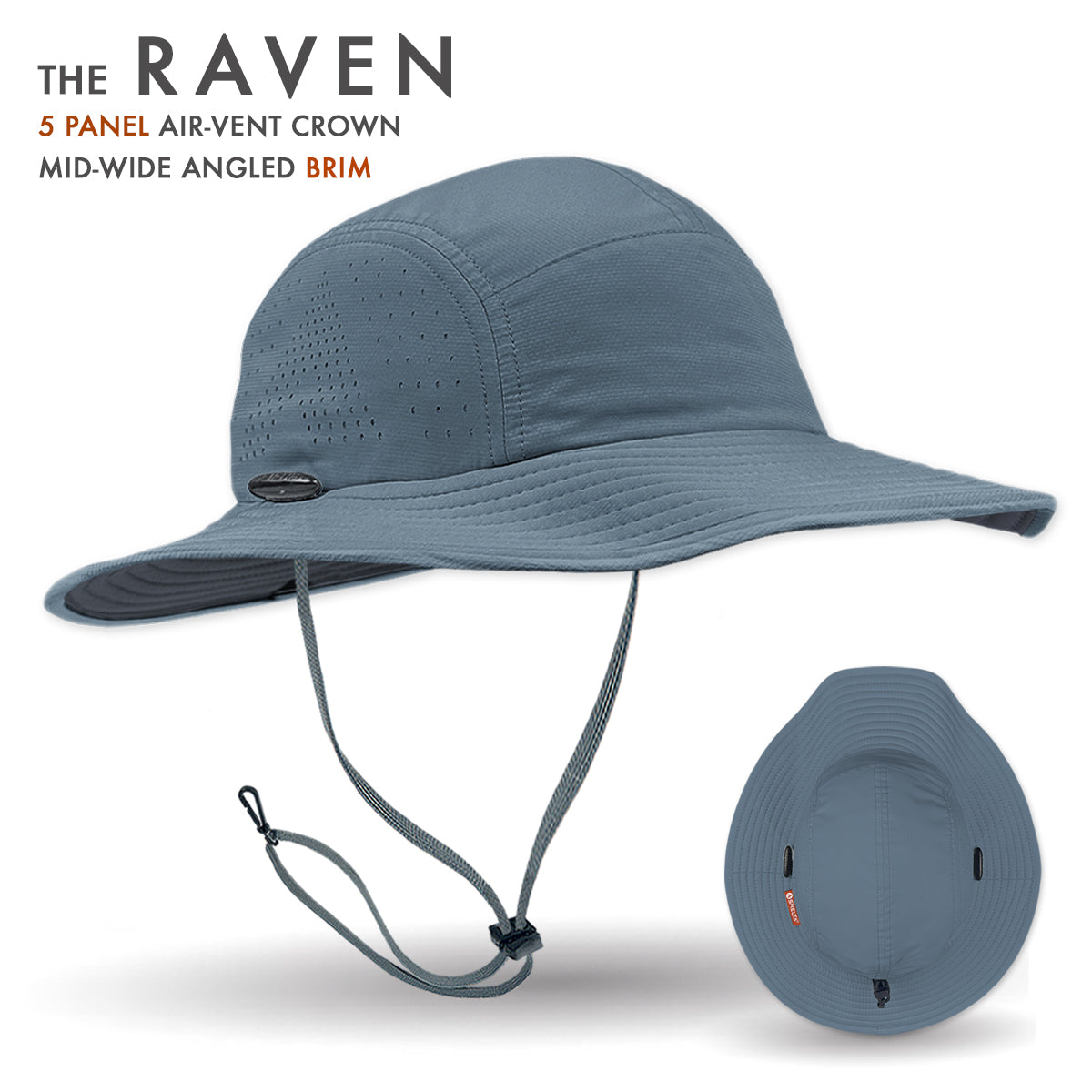 Blue sun hat with chin strap on a white background, featuring 'The Raven' brand.