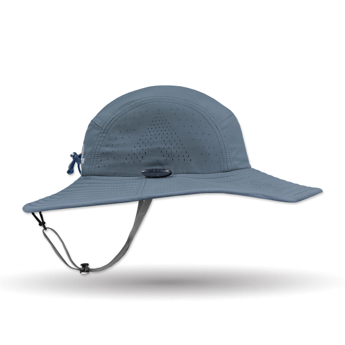 Blue wide-brimmed hat with a chin strap on a white background