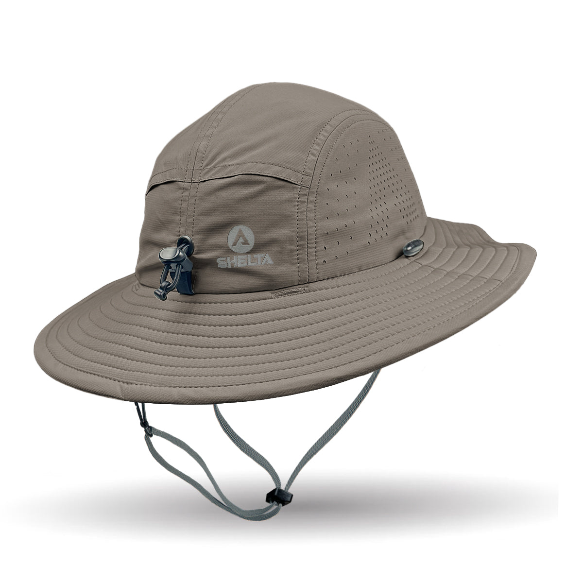 Beige wide-brimmed hat with a brand logo on a white background