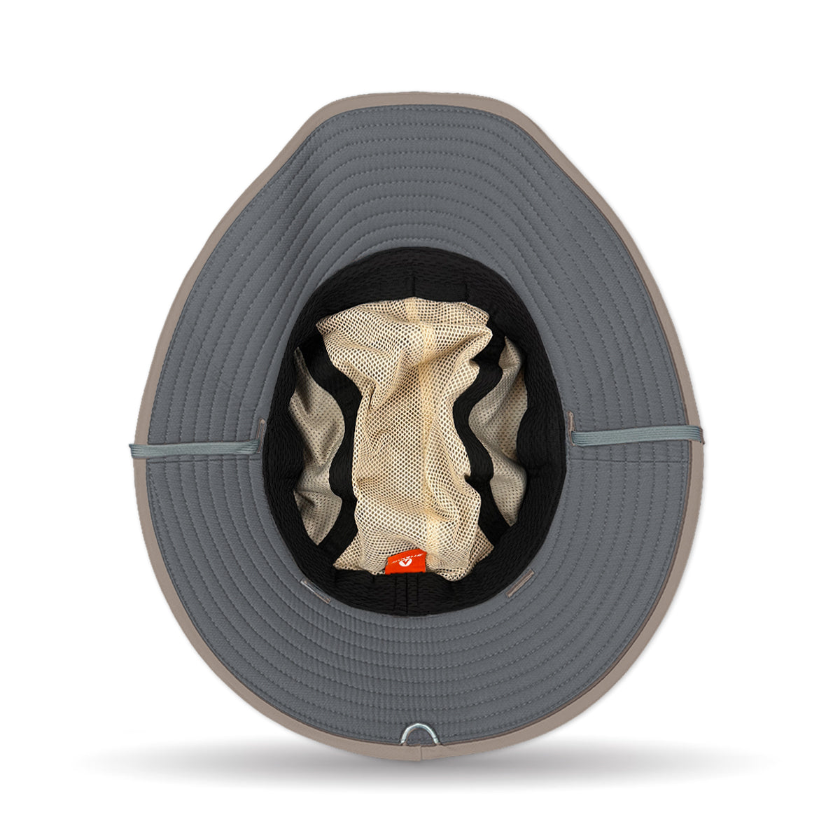 Round gray pet bed with a mesh pouch inside on a white background