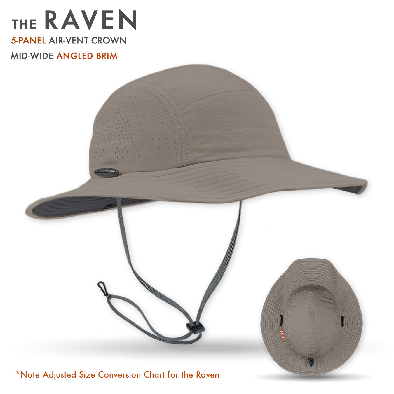 Tan bucket hat with chin strap on a white background, featuring 'The Raven' branding.
