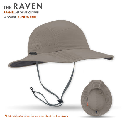 Tan bucket hat with chin strap on a white background, featuring 'The Raven' branding.