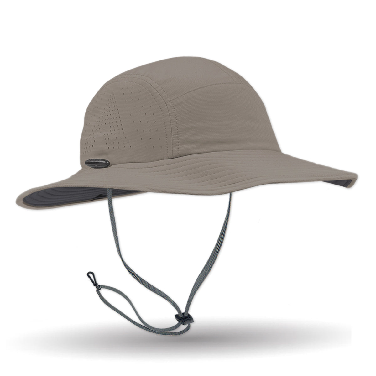 Beige wide-brimmed hat with a chin strap on a white background