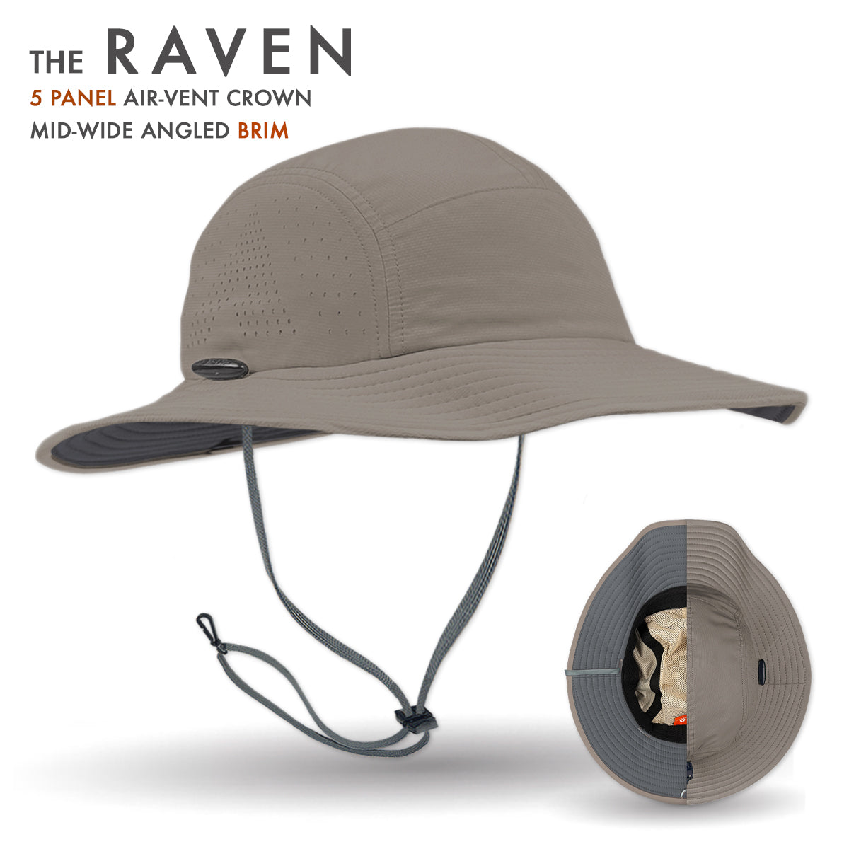 Beige bucket hat with air-vent crown and mid-wide angled brim on a white background