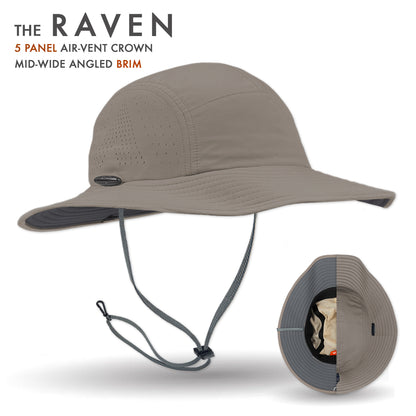 Beige bucket hat with air-vent crown and mid-wide angled brim on a white background