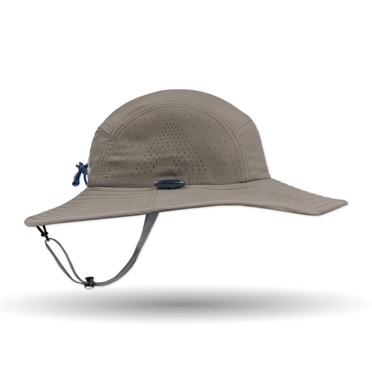 Beige wide-brimmed hat with chin strap on a white background