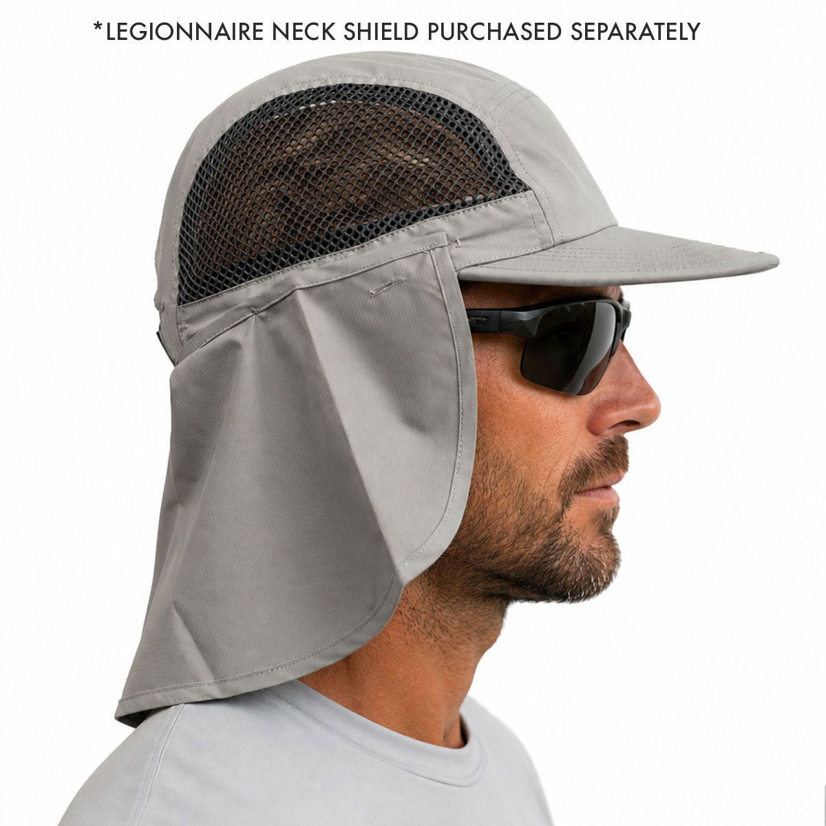A man in profile wearing a light gray legionnaire neck shield hat with a black mesh ventilation panel and a large neck flap. Text at the top reads '*LEGIONNAIRE NECK SHIELD PURCHASED SEPARATELY'.