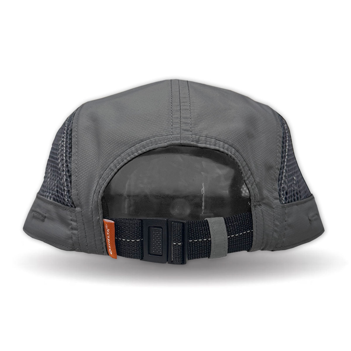 Gray cap with mesh back and black strap on a white background
