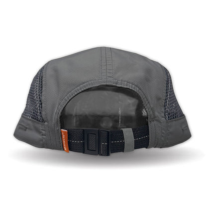 Gray cap with mesh back and black strap on a white background