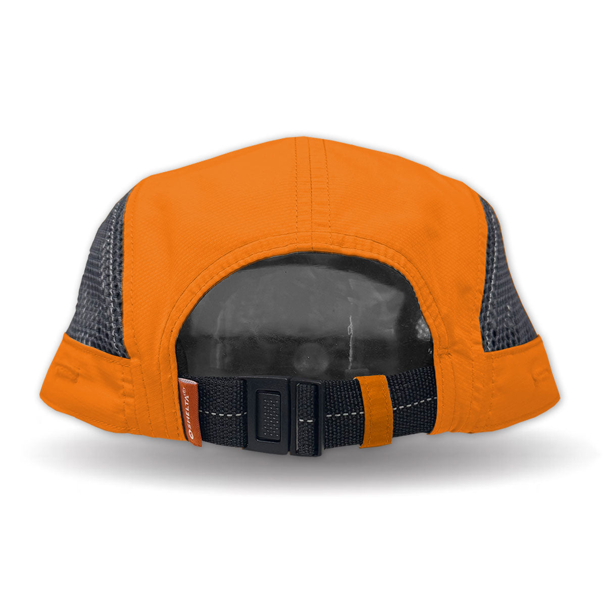 Orange cap with black mesh back on a white background