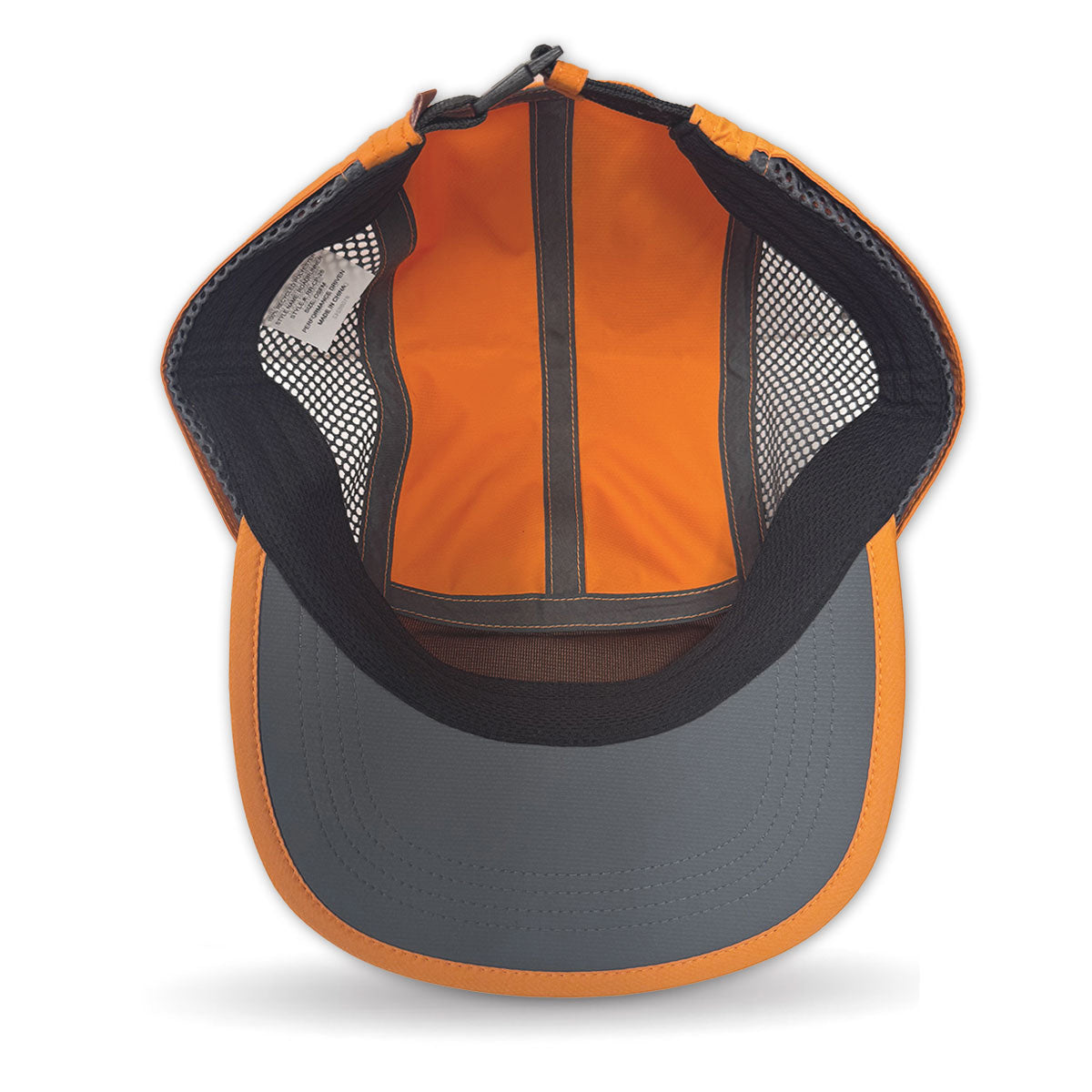 Back view of an orange and gray cap with mesh design on a white background