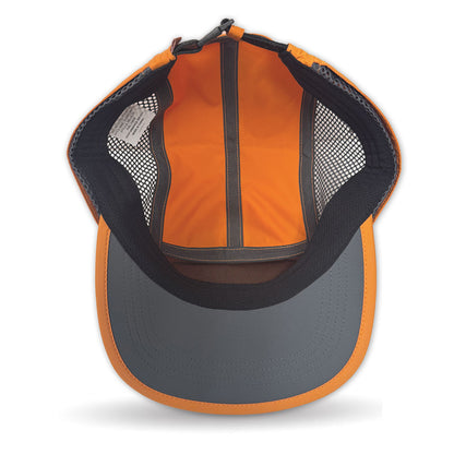 Back view of an orange and gray cap with mesh design on a white background