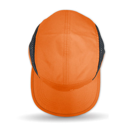 Orange cap with black mesh side panels on a white background