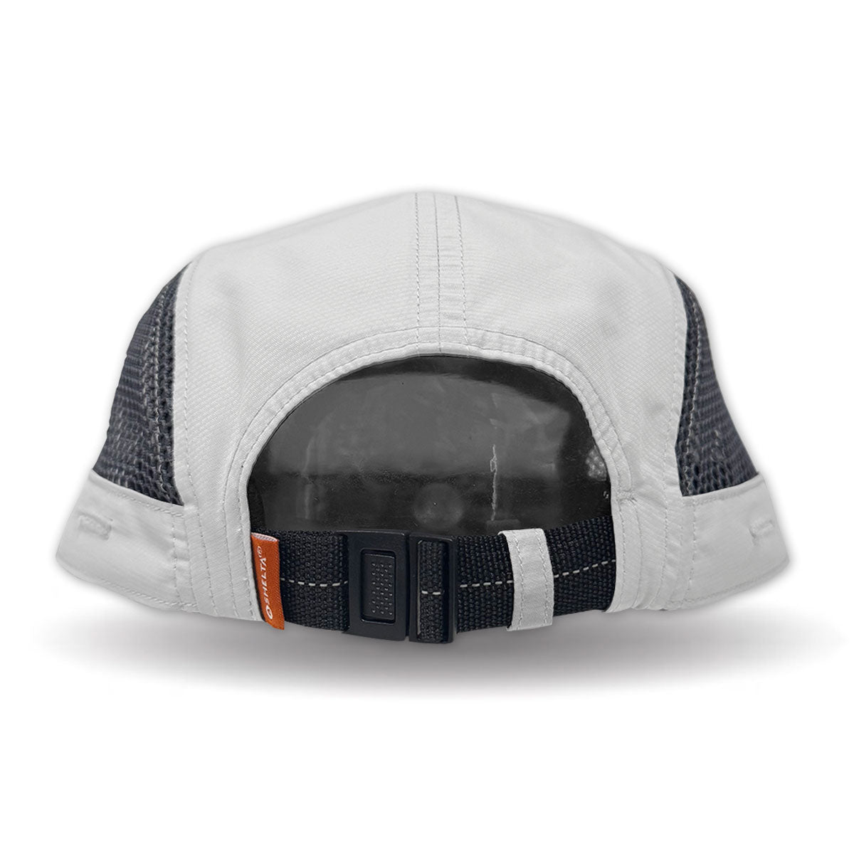 Light Gray cap with black mesh back and orange tag on a white background