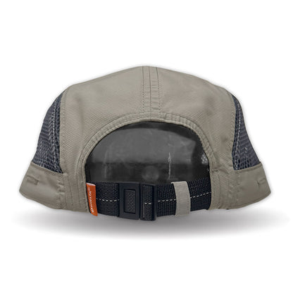 Back view of a gray cap with mesh design on a white background