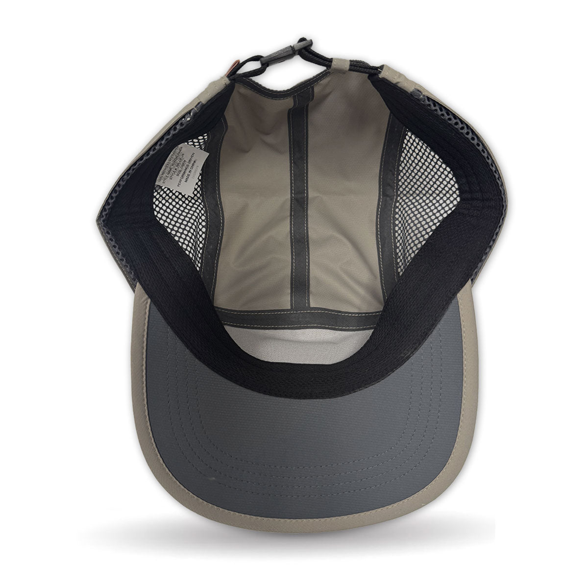 Back view of a gray and beige cap with mesh design on a white background