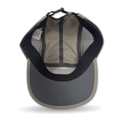 Back view of a gray and beige cap with mesh design on a white background